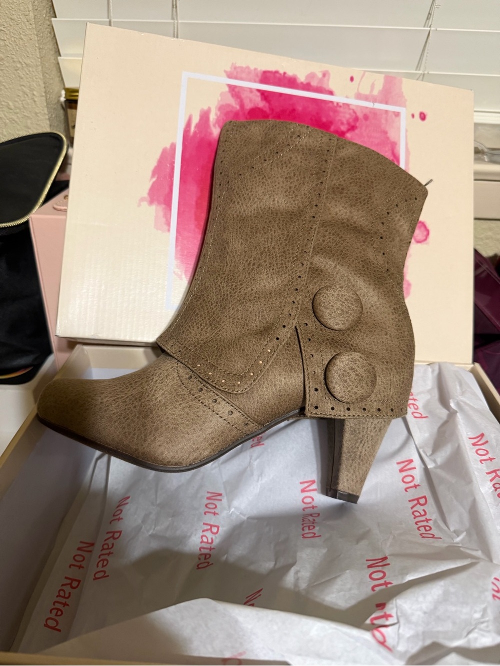 Not Rated Taupe Brown Heeled Ankle Boots with Button Accents